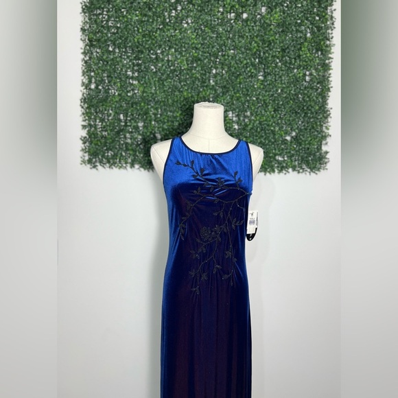 NWT My Michelle Y2K Blue Velvet Burnout Floral Beaded Sleeveless Maxi Dress M - Picture 2 of 13